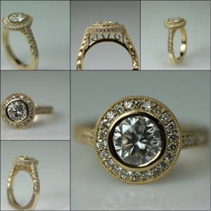 Collage of 1.17 carat halo all in 14 karat yellow gold ring